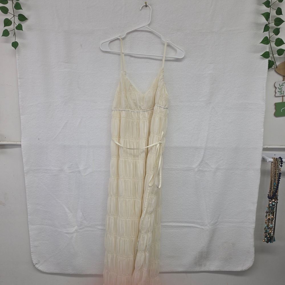 *NWT* S Cream Smocked Tiered Maxi Dress V-Neck Ribbon Tie Boho Cottagecore
